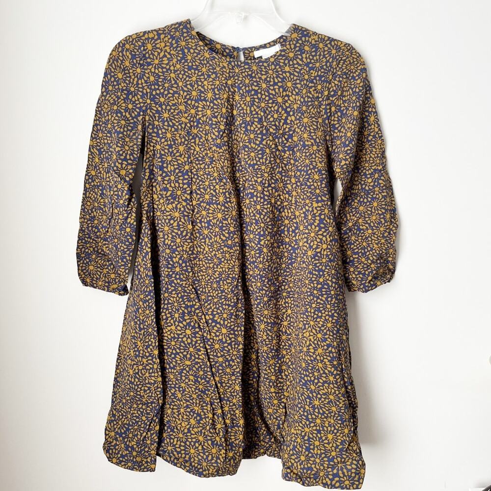 H&M Women Size 4 Blue Yellow Floral 3/4 Sleeve Keyhole Back Mini Skater Dress